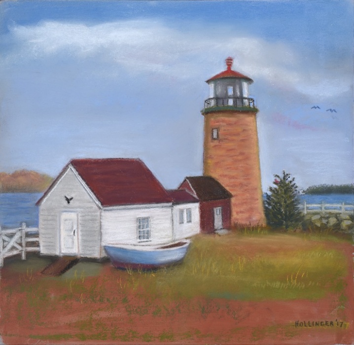 Lighthouse with rowboat by Mary Hollinger