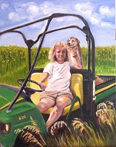 Woman and dog on orchard tractor